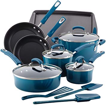 Rachael Ray 17626 14-Piece Aluminum Cookware Set, Marine Blue