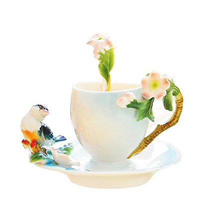 Glodeals (TM) Porcelain Enamel Delicate Bird Tea Coffee Cup Set with Saucer and Spoon