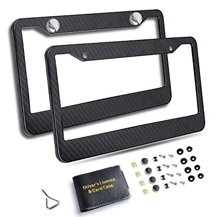 Awindshade Carbon Fiber License Plate Frame 2PCS Black License Plate Frames with Screw Kits, Car Document Holder, Fine Slim, 2 Hole Bracket Standard Size For US Vehicles
