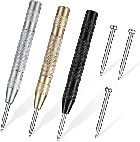 3 Pieces Automatic Center Punch, 5 Inches Brass Spring Loaded Center Hole Punch with Adjustable Tension, Hole Punch Marker Woodwork Tool with 3 Replacement Tips for Window, Glass, Wood, Metal