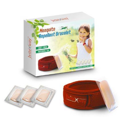 Mosquito Repellent RED Bracelet - All Natural Waterproof Repeller Wrist Bands plus 4 Refills - Deet Free Pest Ants and Insects Protection No Spray -Indoor, Outdoor Use - Safe for Kids, Babies, Infants