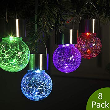 GIGALUMI 8 Pack Hanging Solar Lights Multi-Color Changing Cracked Glass Hanging Ball Lights Waterproof Outdoor Solar Lanterns for Garden, Yard, Patio, Lawn