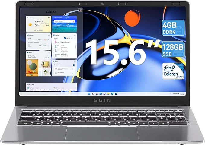 SGIN Laptop, 15.6 Inch Laptops, 4GB DDR4 128GB SSD Notebook with Intel Celeron Quad-Core Processor(Up to 2.5GHz), FHD 1920x1080, 2.4/5.0G WiFi, Bluetooth, Webcam, Mini HDMI