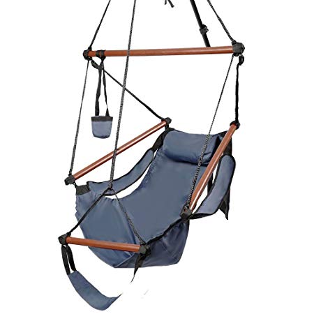 Z ZTDM Hammock Hanging Chair, Air Deluxe Sky Swing Seat with Pillow and Drink Holder Solid Wood Indoor/Outdoor Garden Patio Yard 250lbs (Blue)