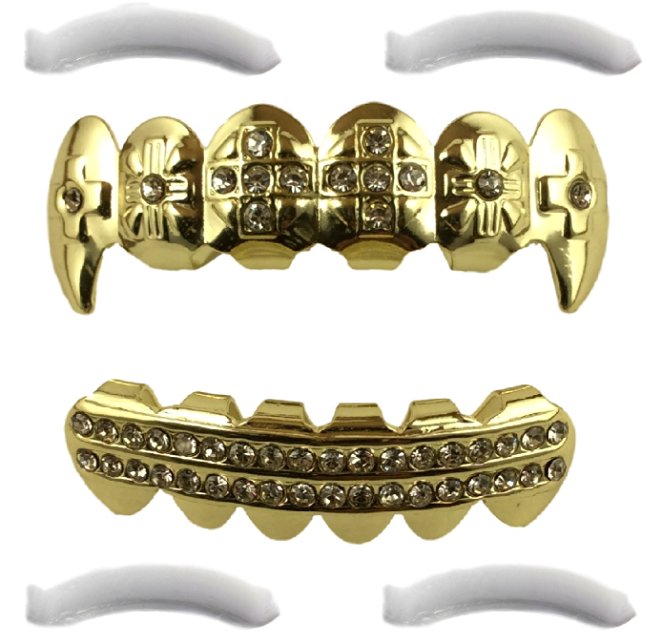 14K Gold Plated Grillz Fangs With Crosses   2 EXTRA Molding Bars