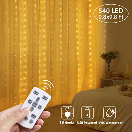 540 LED Fairy Window Curtain String Light with Remote for Home Bedroom Wedding Party Christmas Indoor Outdoor, IP65 Waterproof Twinkle Light USB Powered 8 Lighting Modes (with 1 Spare String Light)