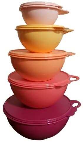 Tupperware Thatsa Mixing Bowls 5 Piece Set in Flamingo Pink Purple with matching Seal