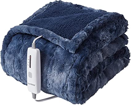 Hansleep Heated Blanket Electric Blanket Throw - Faux Fur Heating Blanket Super Cozy with 4 Heating Levels 4 Hours Auto Off, Sherpa Electric Throw Machine Washable, Navy, 50 x 60 Inches