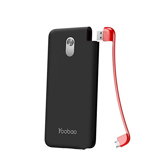 Portable Charger Yoobao Power Bank Built-in Micro Cable 5000mAh Slim External Cell Phone Battery Backup Pack Powerbank Compatible Android Smartphone Samsung Galaxy LG Huawei - Black