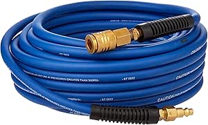 Estwing E1450PVCR 50' PVC/Rubber Hybrid Air Hose with Brass NPT Industrial Fitting and Universal Quick Connect Coupler, Blue and Yellow, 1/4" x 50’