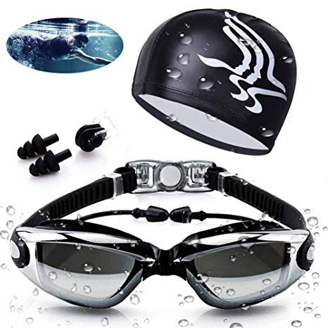 AOKELILY Swim Goggles and Cap Set 4 in 1, UV 400 Protection Lenses Clear Anti-Fog Swimming Goggles Waterproof No Leaking with Nose Clip   Ear Plugs for Adult Men Women Kids