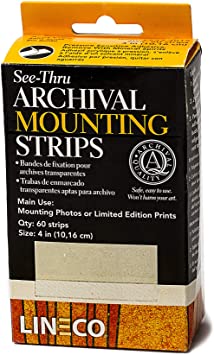 Lineco 4 Inches See-Through Archival Polyester Mounting Strips. Acid-Free, Framing Photos, Hinge-Less, Sturdy, Safe, Conservation, Easy, Artwork, Craft, DIY. (Pack of 60)