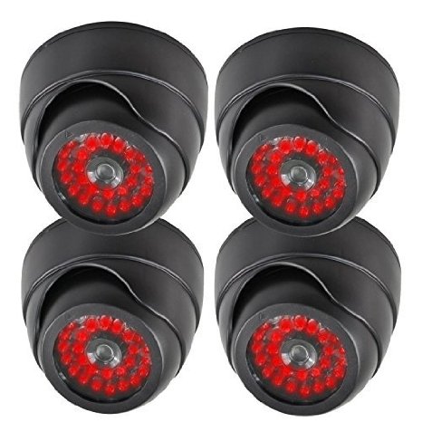 Masione 4 Pack Indoor Otdoor CCTV Fake Dummy Dome Security Camera Home Surveillance Camera with 30 Red Illuminating LED Light and Warning Security Alert Sticker Decals