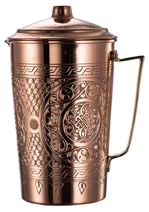 (Engraved Copper) - New CopperBull 2017 Heavy Gauge 1mm Solid Hammered Copper Water Moscow Mule Serving Pitcher Jug with Lid, 2.1l (Engraved Copper)