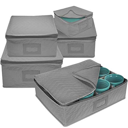 Sorbus 5-Piece Dinnerware Storage Square Set, Service for 12, Quilted Protection, Includes Felt Protectors and Cardboard Dividers for Plates, Cups, Fine China (Square Storage - Gray)