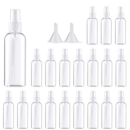 Spray Bottle,Fine Mist Mini Clear 80ml/2.7oz Spray Bottles,Small Reusable Empty Plastic Bottles with Atomizer Pumps (20 pack,2 Funnels included)