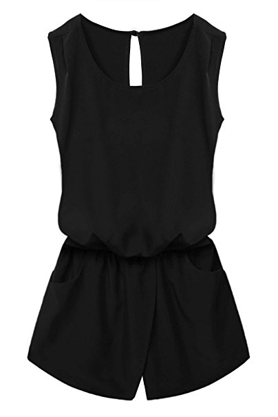 ACEVOG Women Crewneck Elastic Waist Cut Out Back Pocket Romper Jumpsuit Playsuit