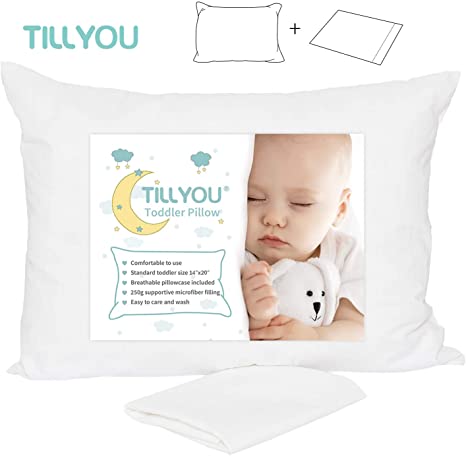 TILLYOU Hypoallergenic Toddler Pillow with Pillowcase, Machine Washable Kids Pillows for Sleeping, 100% Soft Cotton Pillow Case Included 14x20, Fits Toddler Bed or Crib, Travel Size 13x18 White