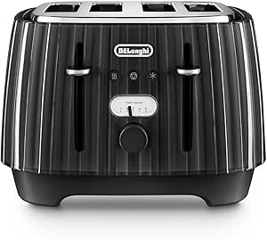 De'Longhi Ballerina Toaster, 4 Slot Toaster, Reheat, 5 Browning Settings, Defrost and Cancel Functions, Pull Crumb Tray, CTD4003.BK, 1800W, UK PLUG, Black