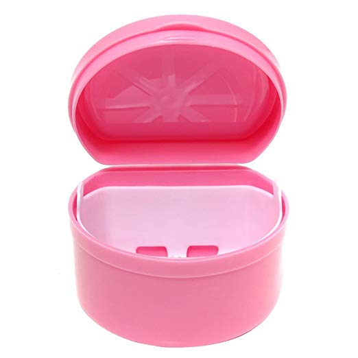 Plastic False Teeth Denture Bath Retainer Dental Orthodontic Mouth Guard Storage Container Box Case Holder with Strainer Pink