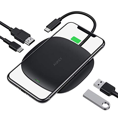 AUKEY USB C Hub Adapter with Wireless Charger 4-in-1 Type-C Hub with 2 USB 3.0 Ports, 4K HDMI and 100W Power Delivery Compatible with MacBook Pro 2018/2017, Google Chromebook/Pixelbook and More