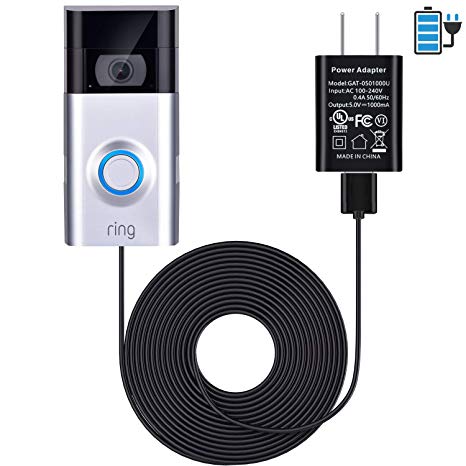 16 ft/ 5 m Charge Cable with DC Power Adapter Compatible with Ring Video Doorbell 1/2, Continuously Charging, No Need to Change the Batteries (for Ring Doorbell 2)