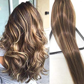 Myfashionhair Clip in Hair Extensions Real Human Hair Extensions 20 inches 70g with Blonde highlights Clip on for Fine Hair Full Head 7 pieces Silky Straight Weft Remy Hair (20 inches, 4-27)