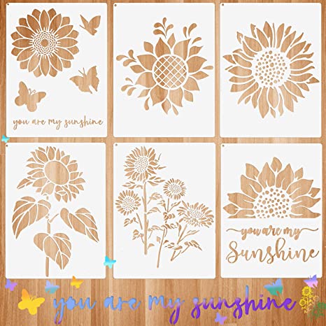 6 Pieces Sunflower Stencil Kit You are My Sunshine Stencil Butterfly Reusable Mylar Template Stencils with Metal Open Ring for Painting on Wood Wall Home Decor