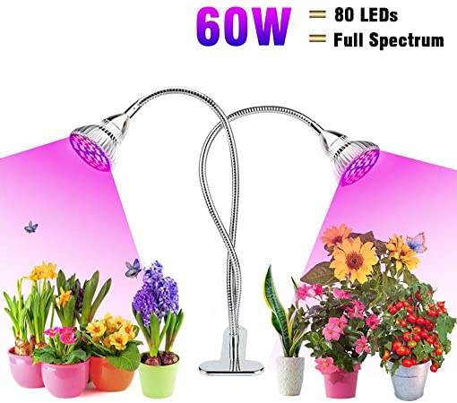 flowlamp LED Plant Grow Light,60W Full Spectrum LED Grow Light Lamp,Dual Head Double Switch Plant Growing Lamp Lights with 80 Led and 360° Flexible Goose neck for Indoor House Plants Herbs Succulents