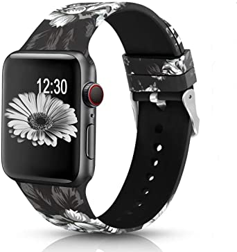 Sunnywoo Floral Bands Compatible with Apple Watch Band 38mm 40mm, Soft Silicone Fadeless Pattern Printed Replacement Sport Bands for iWacth Series 6 5 4 3 2 1, S/M M/L for Women/Men