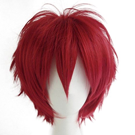 Short Fluffy Anime Wigs for Women Men 21 colors Spiky Unisex Comic Wigs with Oblique Bangs for Halloween Cosplay Costume Party with Free Wig Cap Dark Red