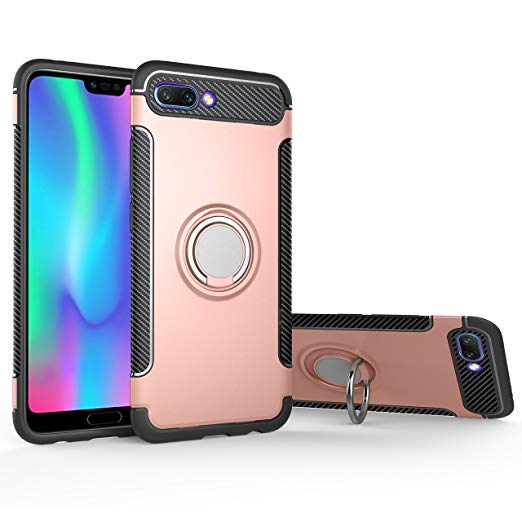 NEWZEROL for Huawei Honor 10 case [Adsorbed iron Plate] 360° Rotation Metal Finger Ring Holder Kickstand Car Stand 3 in 1 Phone Case - Rose Gold