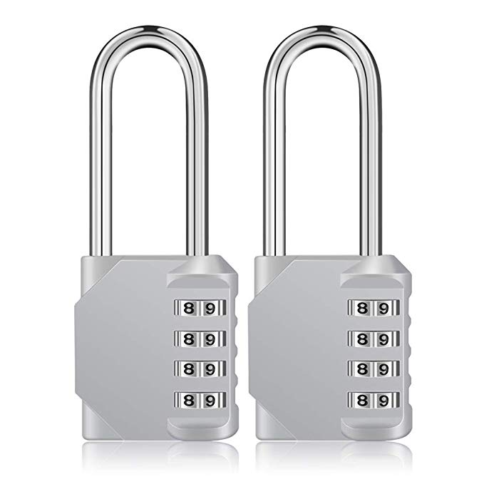 Long Shackle Padlock 2 Pack, 4 Digit Combination Padlock, Long Combination Lock, Resettable Weatherproof Combo Lock for School, Gym & Employee Locker, Outdoor, Fence