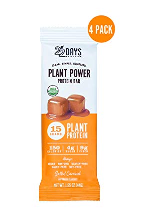 22 Days Nutrition Organic Protein Bar, Salted Caramel, 4 Count | Plant Based Protein Bars, Gluten Free, Vegan, Soy Free, Real Food, Dairy Free, 15g Protein, Low Sugar (4g), Fiber (9g)
