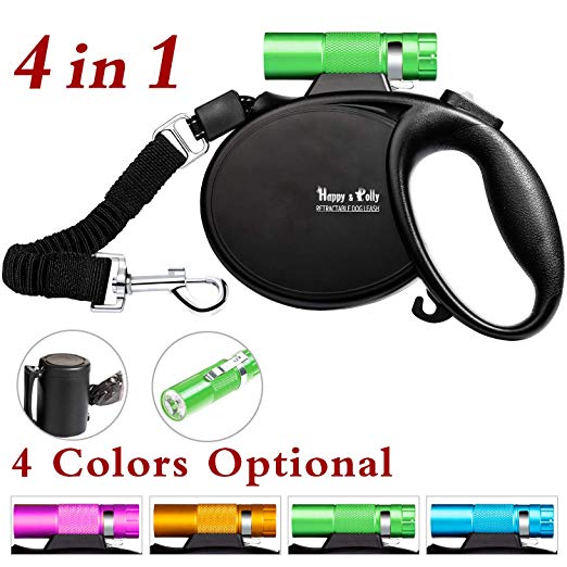 Happy & Polly Dog Leash Retractable Dog Leash 16.4 ft Dog Walking Leash with Flashlight Detachable/Protective Bungee Leash/Magic Box Dispenser Poop Bags for Small Medium Dogs