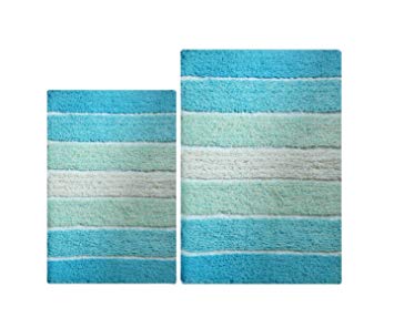 100% Pure Cotton - 2 Piece Cordural Stripe Bath Rug Set, (21''x34'' & 17''x24'') Aqua Turquoise with Latex spray non-skid backing