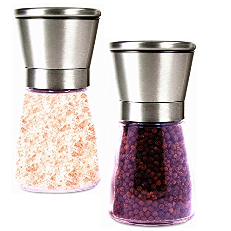 EIALA Stainless Steel Salt and Pepper Grinder Mill Set - Adjustable Coarseness Fine Powder and Stunning Glass Body - Brushed Stainless Steel Salt and Pepper Mills (2 X Mills)