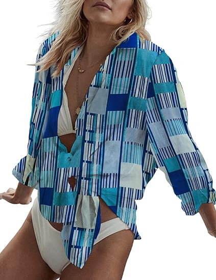 Bsubseach Women Long Sleeve Beach Shirt Blouses Bathing Suit Cover Up Button Down Collar