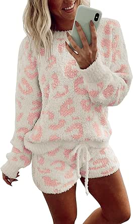 Ekouaer Fuzzy Fleece Pajamas 2 Piece Warm Soft Lounge Set Long Sleeve Sweater Top and Shorts Loungewear Outfits Sweatsuits