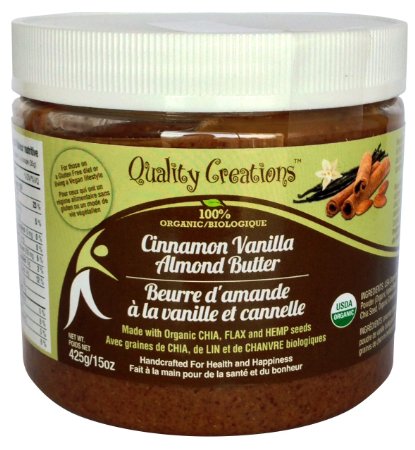 Almond Butter - Cinnamon Vanilla. 100% Organic. Enhanced with Chia, Flax and Hemp Seeds. GMO Free. Gluten Free. A Wonderful Twist on Almond Butter. 425g/15oz