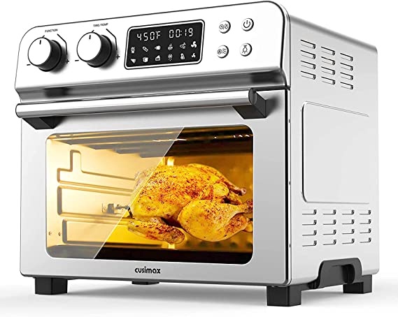 CUSIMAX 10-in-1 Air Fryer Toaster Oven Combo, 24 Quart/6 Slices Large Convection Oven, Countertop Oven with Rotisserie, Dehydrator for Chicken, Pizza, 6 Accessories & Recipes, 1700W, Stainless Steel