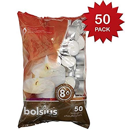 Bolsius 103630519700 Tealight, Paraffin Wax, White, Pack of 50 8 Hour Tealights