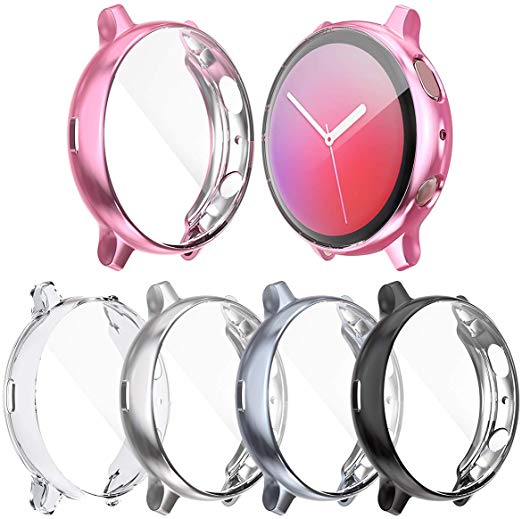 [5-Pack] Screen Protector Case Compatible with Samsung Galaxy Watch Active 2 44mm Cover, All-Around Protective Cover Soft TPU Bumper Frame Accessories (Clear Silver Gray Black Pink, Active 2 44mm)