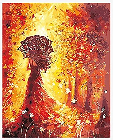 DIY Oil Painting, Paint by Numbers for Adults, Romantic Girl Walks Along Fall Trees in the Autumn Painting with 3pcs Brushes for Kids Adults Beginner 16x20inch - Framed (Autumn)