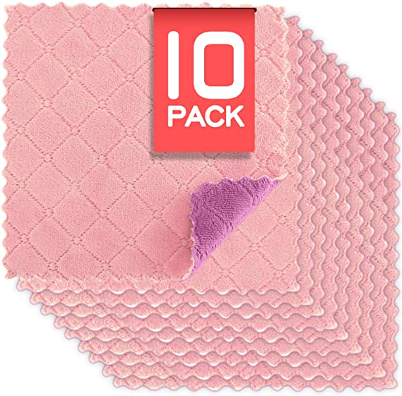 NLAAHCE Kitchen Towels Dish Cloths, Premium Lint-Free Dishcloths, Super Absorbent Coral Velvet Dishtowels, Nonstick Oil Washable Fast Drying, 10-Count/Pack, Pink