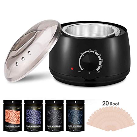 Wax Warmer Hair Removal Kit, Electric Professional Wax Heater Hair Removal Kit with 4 Different Flavor Hard Wax Beans and 20 Wax Applicator Sticks, Suitable for All Wax Types