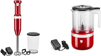 KitchenAid Cordless Variable Speed Hand Blender - KHBBV53 & Cordless 5 Cup Food Chopper - KFCB519, Empire Red