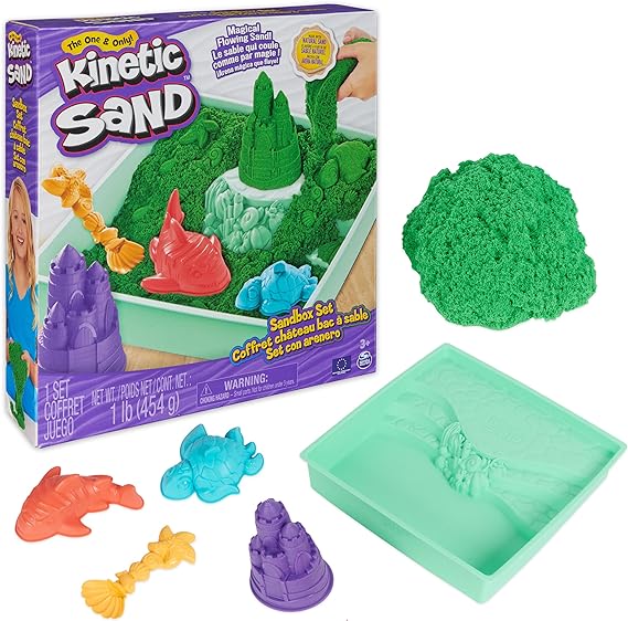 Kinetic Sand Sandbox Set, 1lb Green Play Sand, Sandbox Storage, 4 Molds and Tools, Sensory Toys, for Kids Ages 3