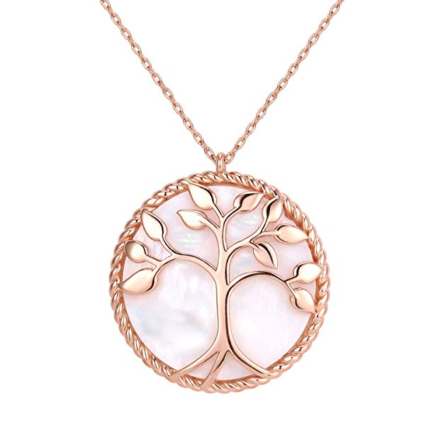 KISSPAT Natural Shell Tree of Life Round Pendant Necklace Fashion Jewelry for Women Girls