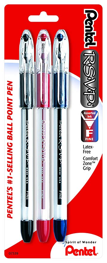 Pentel R.S.V.P. Ballpoint Pen, Fine Line, Assorted Ink, 3 Pack  (BK90BP3M)